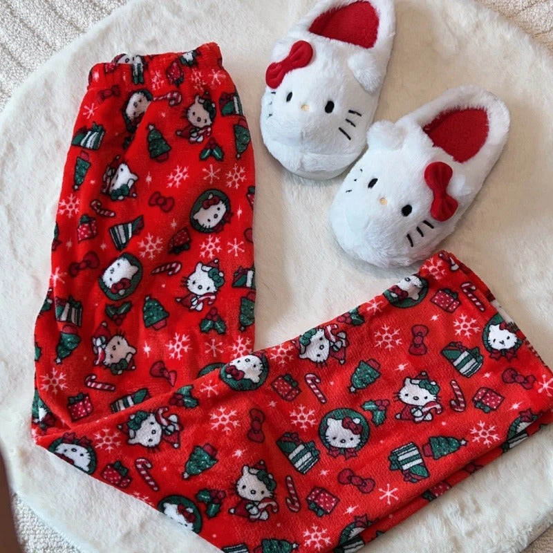 Pantalon de pyjama Hello Kitty de Noël, pantalon ample style anime, tenue d'intérieur pour couple, pantalon de détente