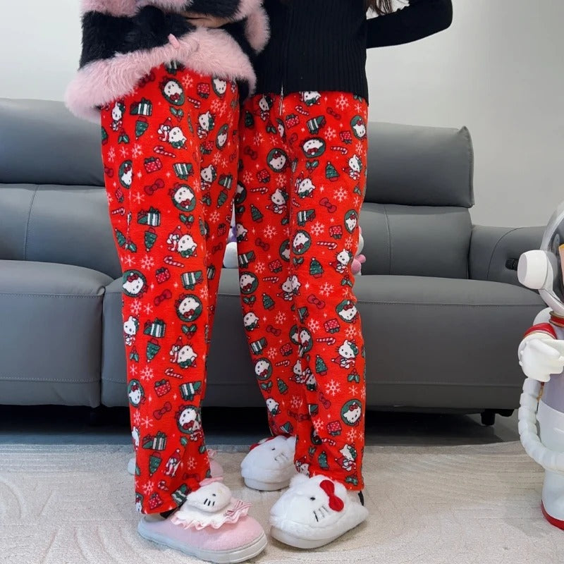 Pantalon de pyjama Hello Kitty de Noël, pantalon ample style anime, tenue d'intérieur pour couple, pantalon de détente