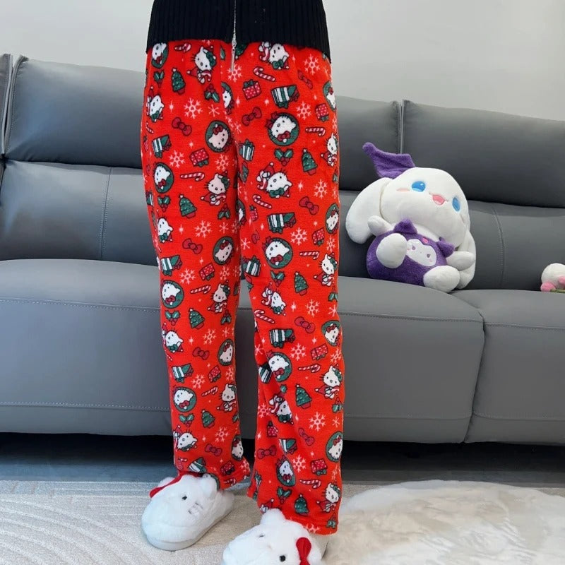 Pantalon de pyjama Hello Kitty de Noël, pantalon ample style anime, tenue d'intérieur pour couple, pantalon de détente